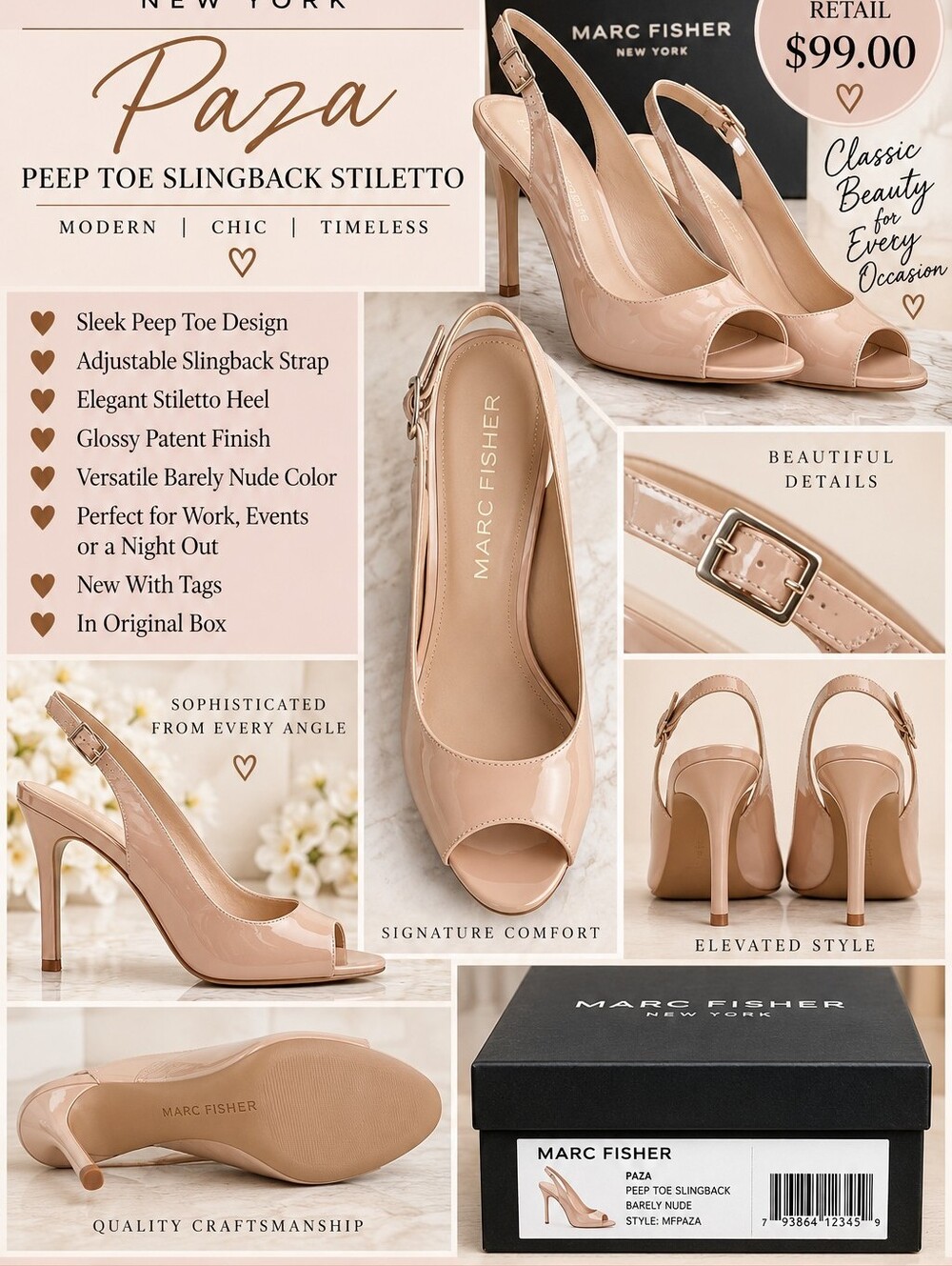 Marc Fisher Paza Patent Peep-Toe Slingback Heels in Barely Nude NIB